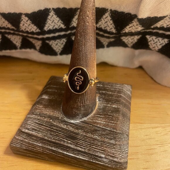 Beautiful Gold Snake Signet Ring, Black Enamel - Picture 2 of 2